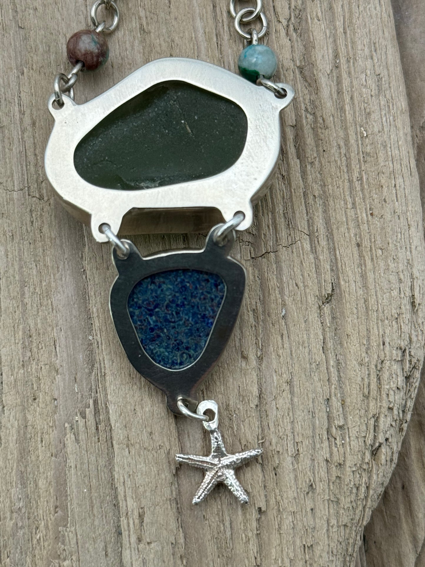 Cloisonné` Enameled, Sea Glass Pendant