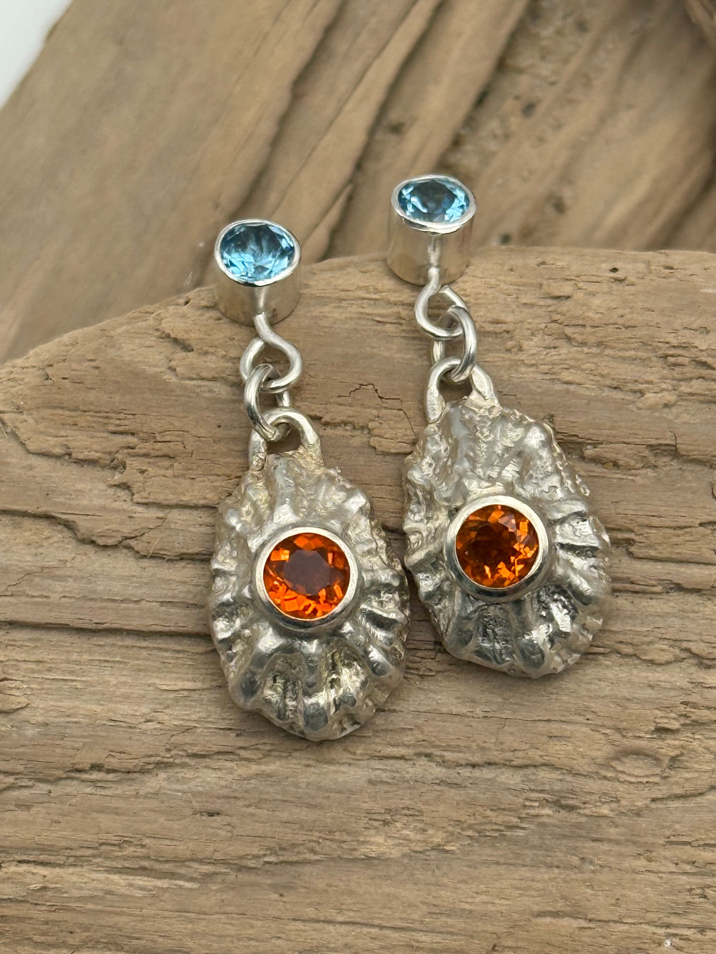 SS Limpit Earrings set with Mexican Fire Opals and Topaz
