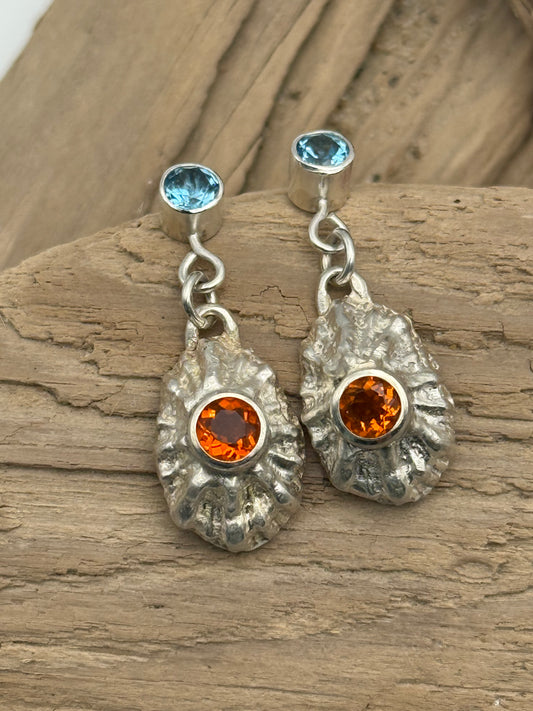 SS Limpit Earrings set with Mexican Fire Opals and Topaz