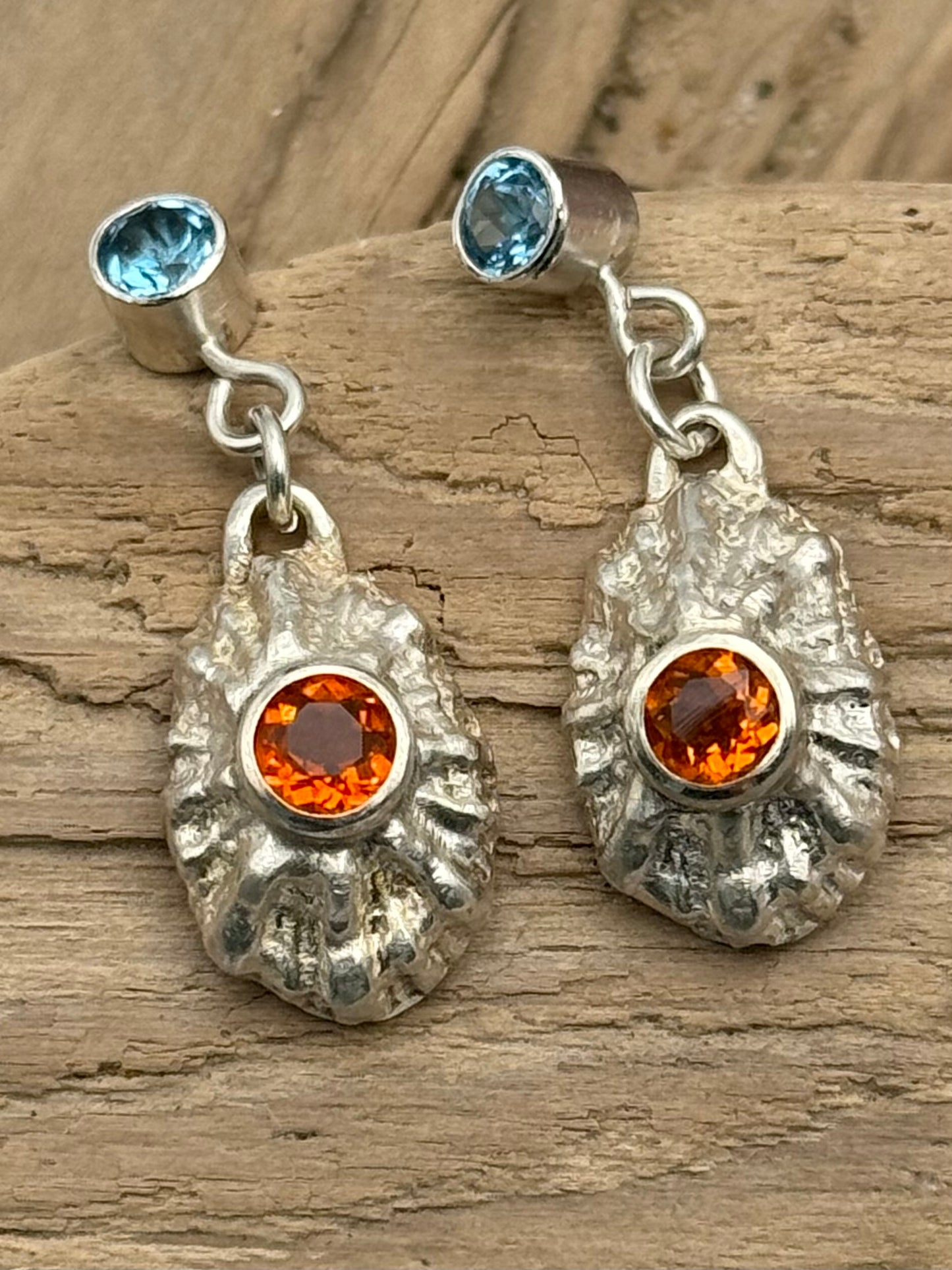SS Limpit Earrings set with Mexican Fire Opals and Topaz