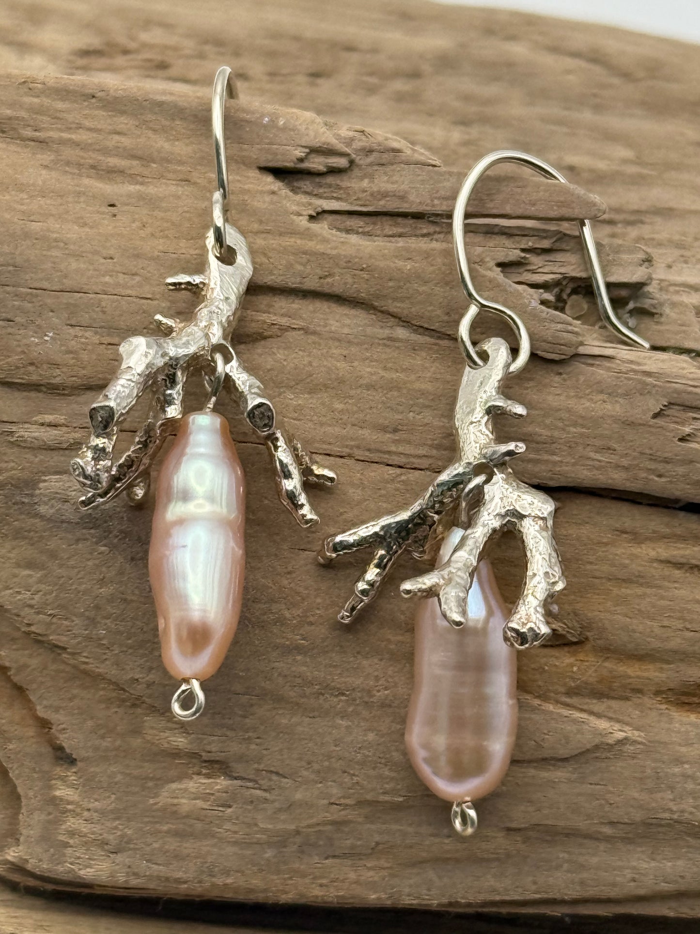 Sterling Silver Branch Coral with Pink Pearls Earrings