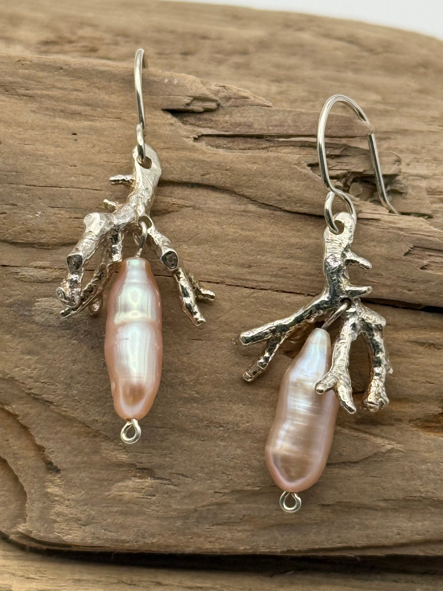Sterling Silver Branch Coral with Pink Pearls Earrings