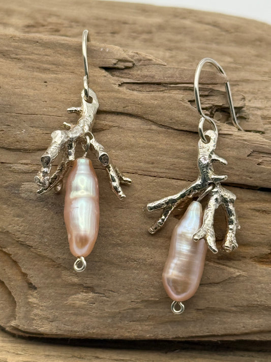 Sterling Silver Branch Coral with Pink Pearls Earrings