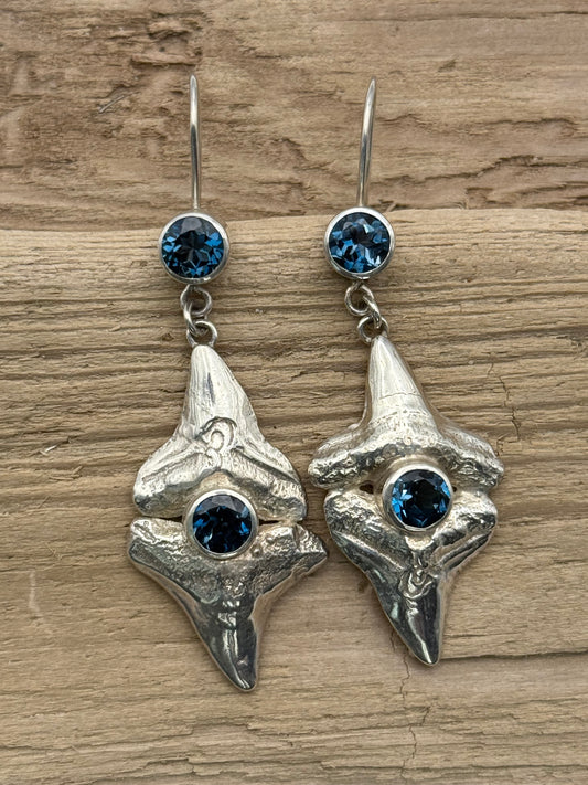 Sterling Silver Shark’s Teeth and Blue Topaz Earrings