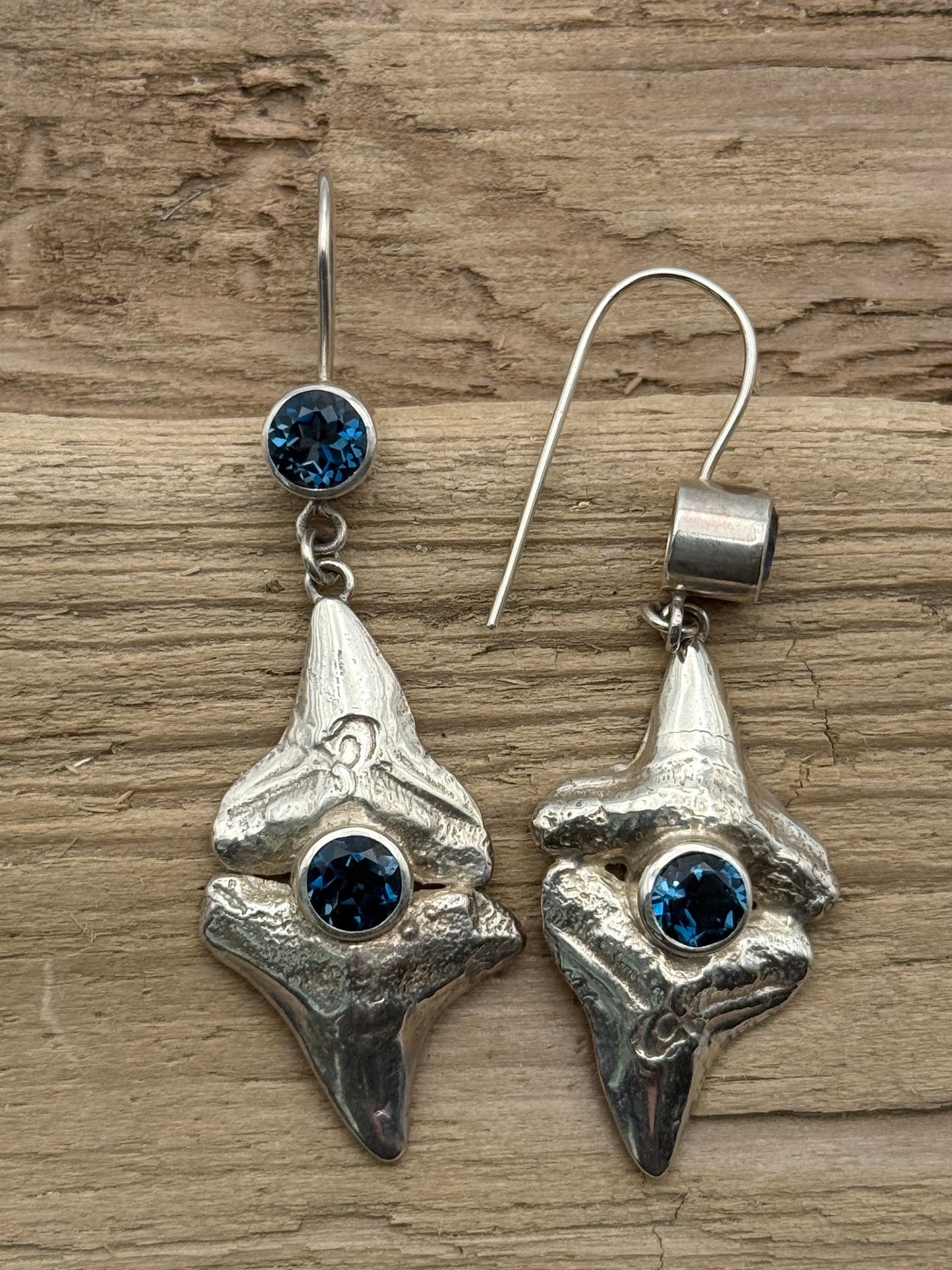 Sterling Silver Shark’s Teeth and Blue Topaz Earrings