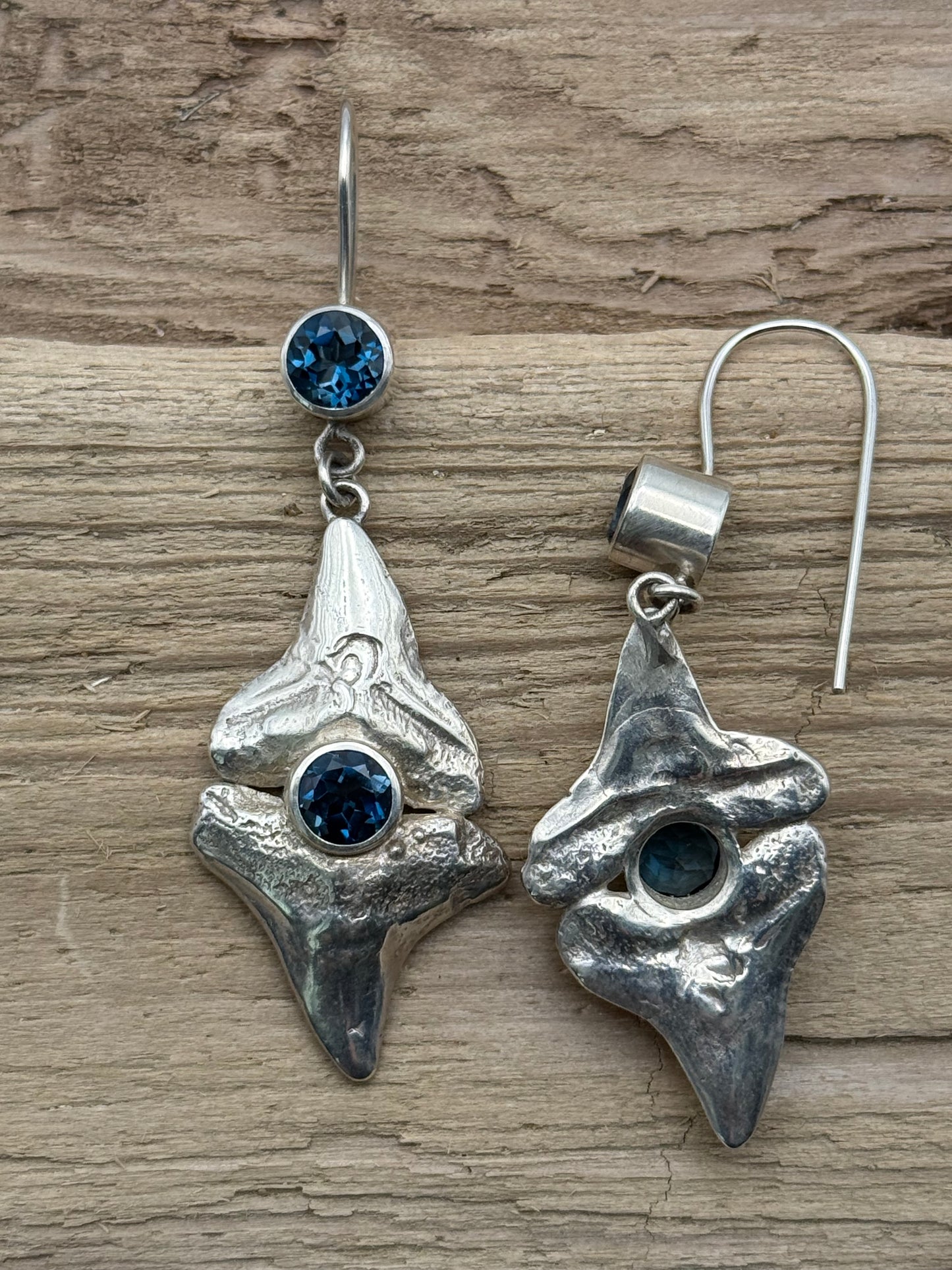 Sterling Silver Shark’s Teeth and Blue Topaz Earrings