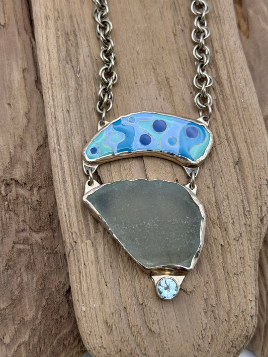 Cloisonné` Enameled, Sea Glass, Topaz Pendant