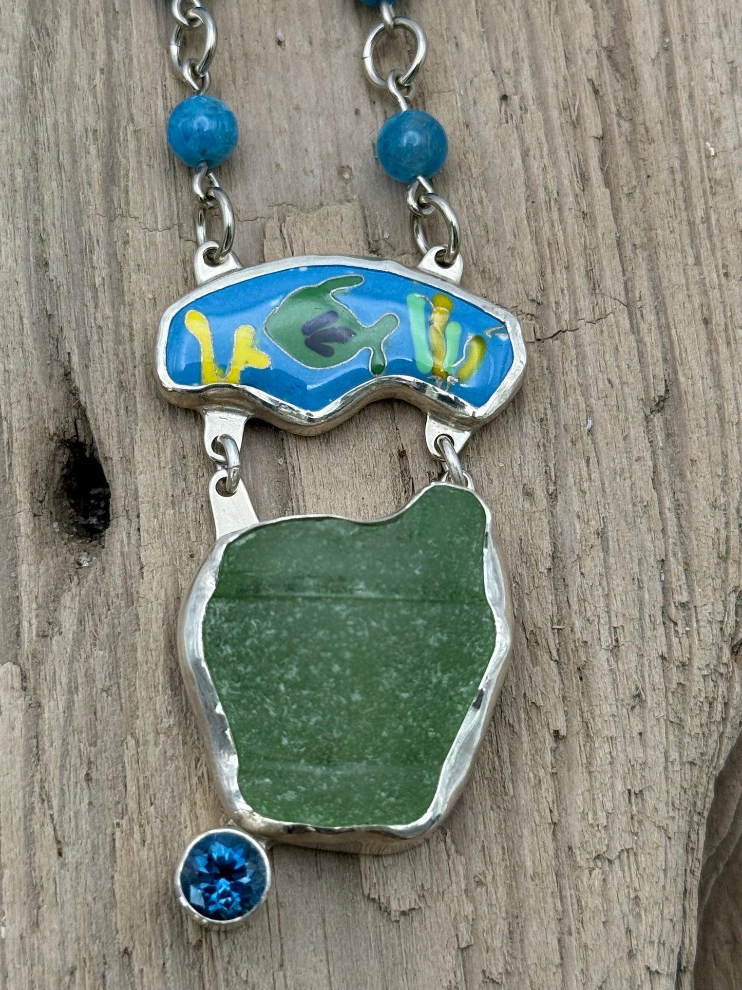 Cloisonné` Enamel, Sea Glass, Topaz Pendant