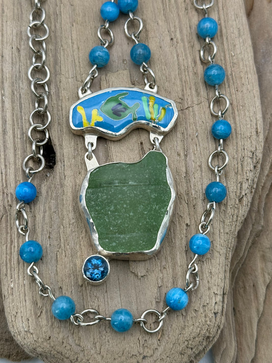 Cloisonné` Enamel, Sea Glass, Topaz Pendant