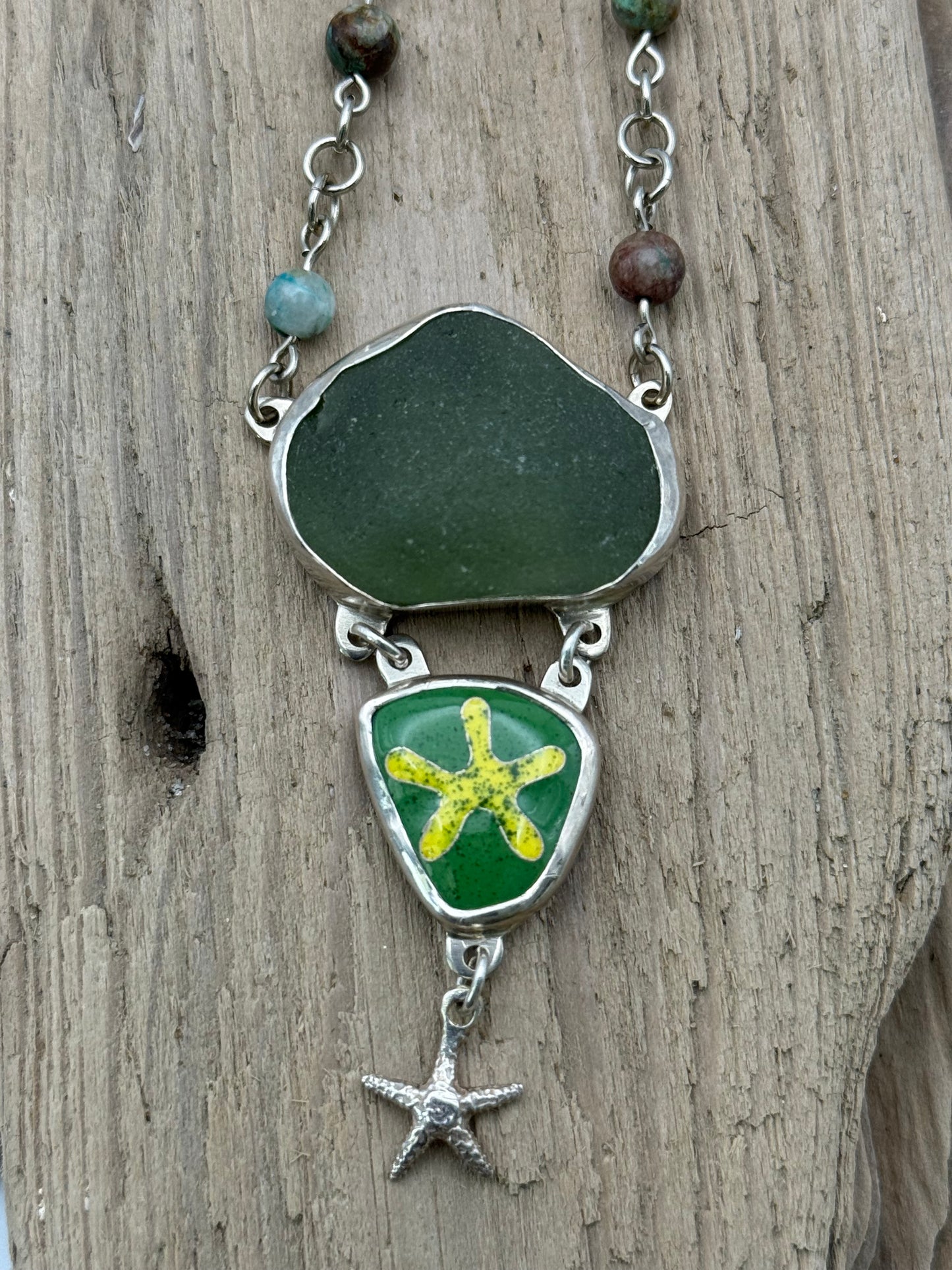 Cloisonné` Enameled, Sea Glass Pendant