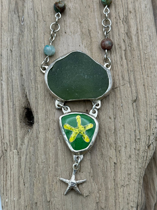 Cloisonné` Enameled, Sea Glass Pendant