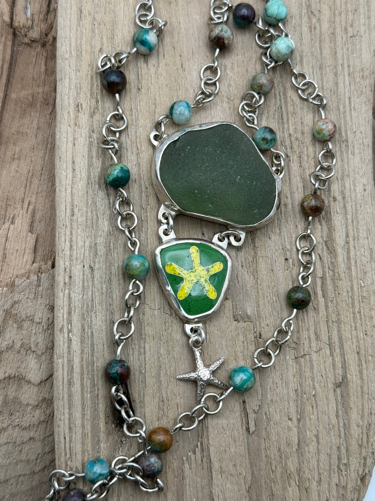 Cloisonné` Enameled, Sea Glass Pendant