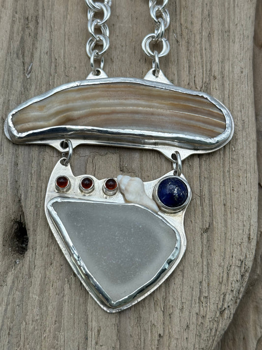 Seashells, Sea Glass, Citrine and Lapis Pendant