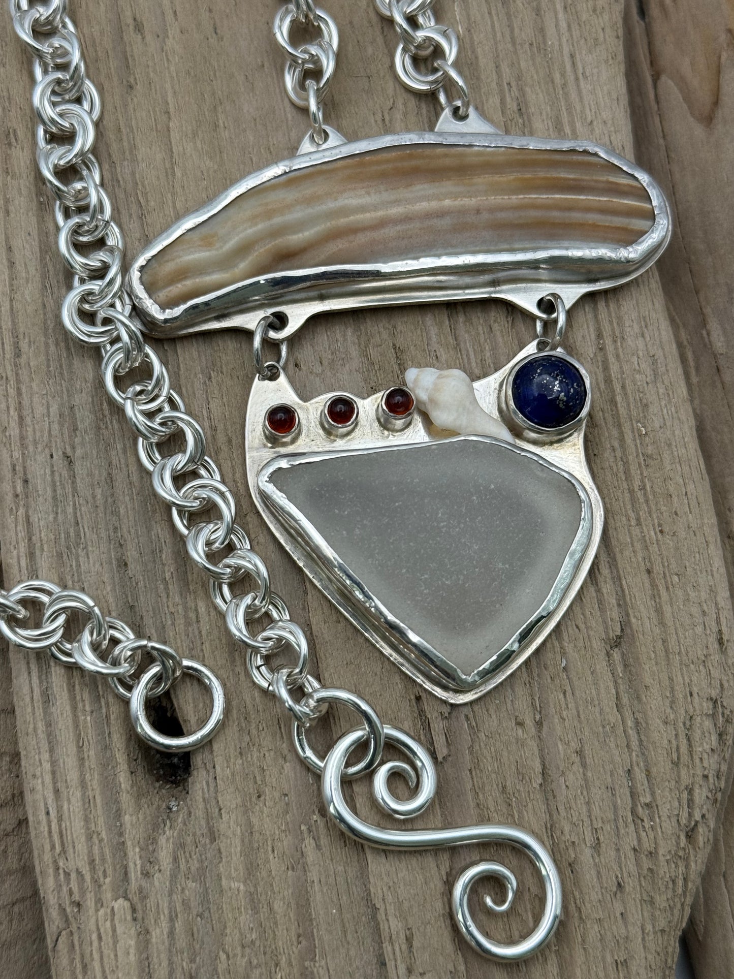 Seashells, Sea Glass, Citrine and Lapis Pendant