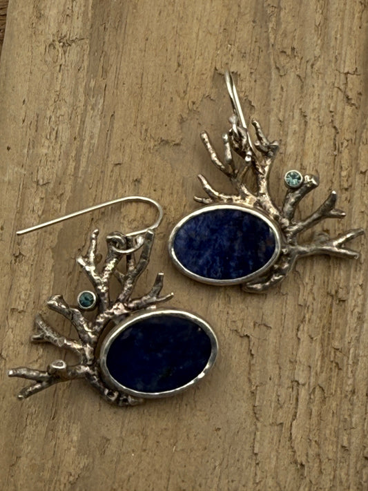 Sterling Silver Branch Coral with Lapis & Sapphires Earrings