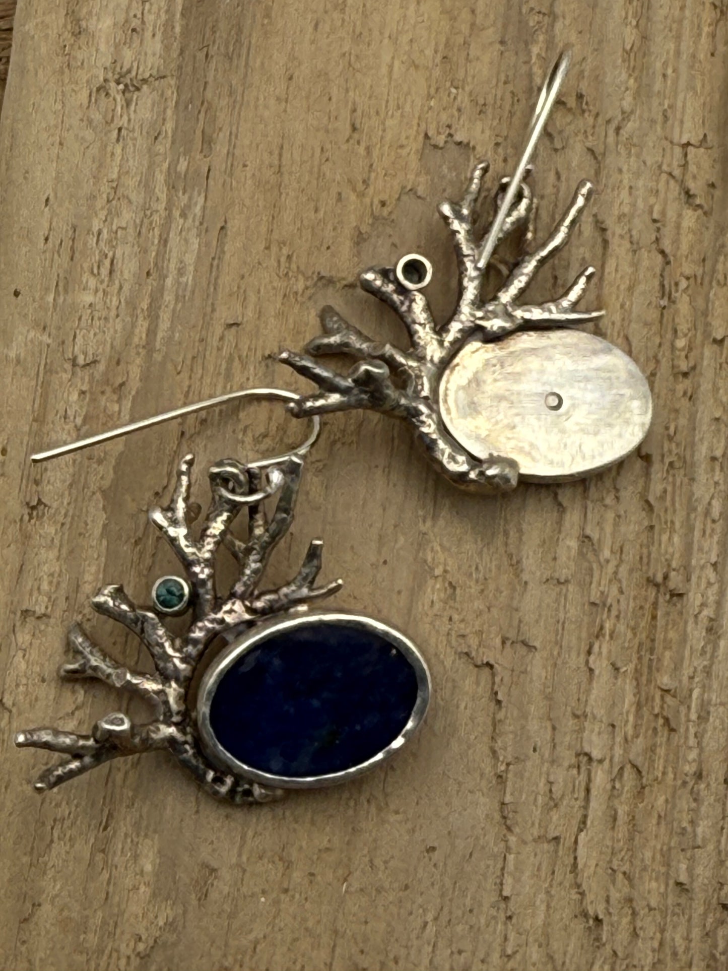 Sterling Silver Branch Coral with Lapis & Sapphires Earrings