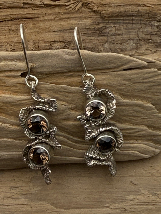 Sterling Silver Coral Earrings with Smokey Quartz