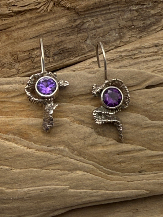 Sterling Silver Coral and Amethyst Earrings